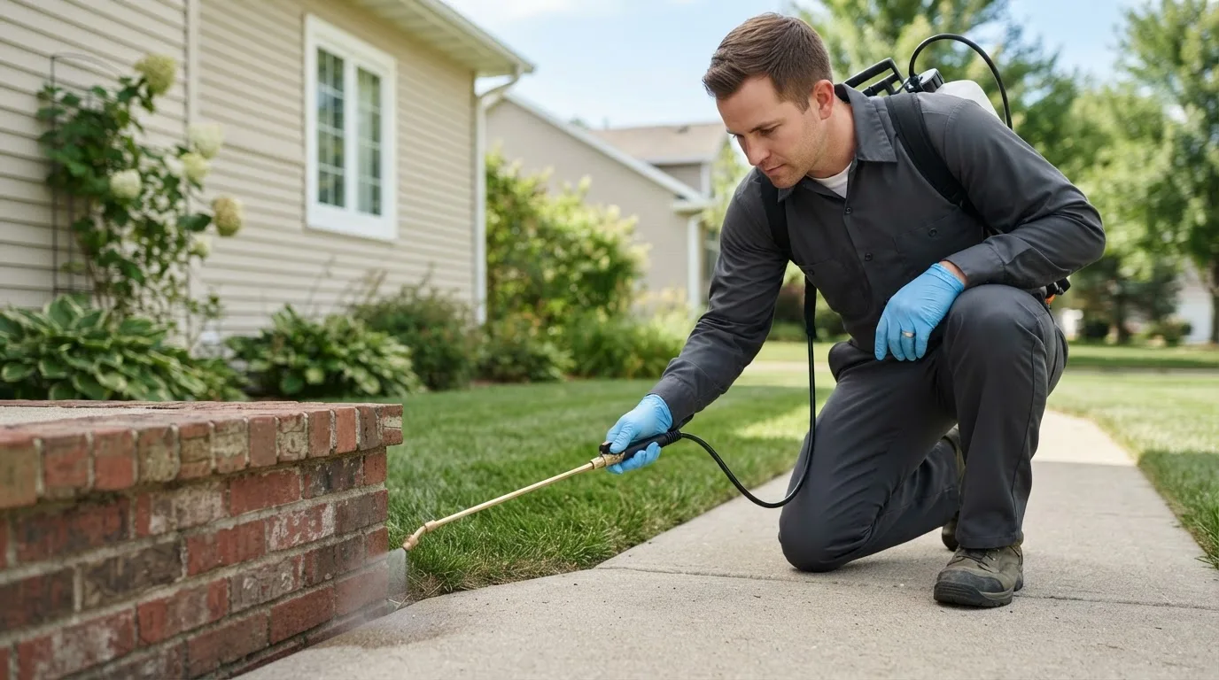 Pest control technician treating a home near Russiaville, IN