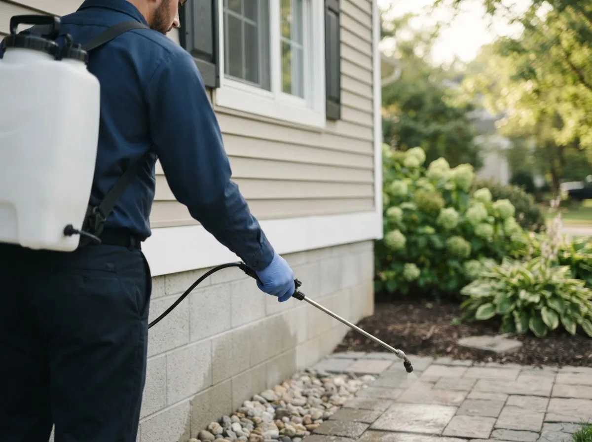 Pest control technician inspecting a home in Russiaville, IN